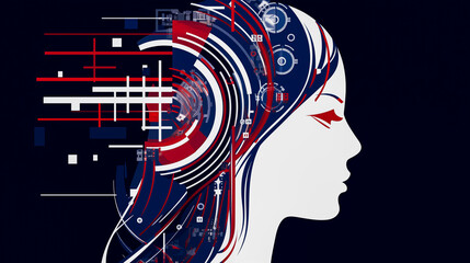 Graphic representation of Marianne with a digitized look, circuit patterns overlaying her Phrygian cap