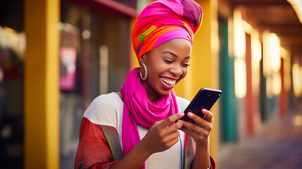 Happy African female with a colorful turban using a mobile phone, exemplifying a blend of tradition and modernity - obrazy, fototapety, plakaty