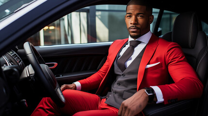 Handsome man in a tailored suit sitting in a luxury sports car, a symbol of modern success and...