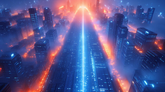 city nightlife electronic high-rise building construction wires on the ground blue neon modern technology concept, science, future technology digital high-tech city design