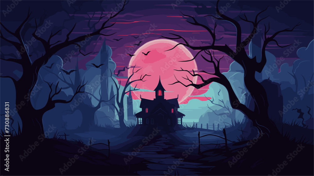 Canvas Prints haunted mansion vector background with a moonlit sky silhouetted trees and mysterious shadows creati