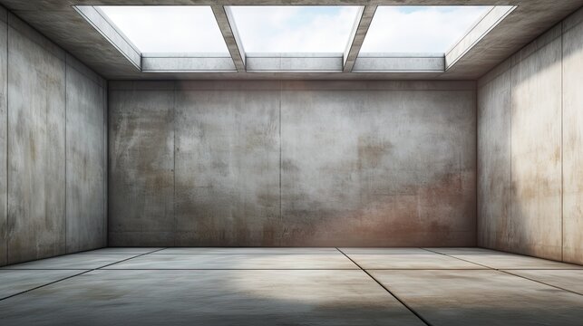 an industrial interior background template with a skylight, rough floor, and concrete walls in an abstract empty room.