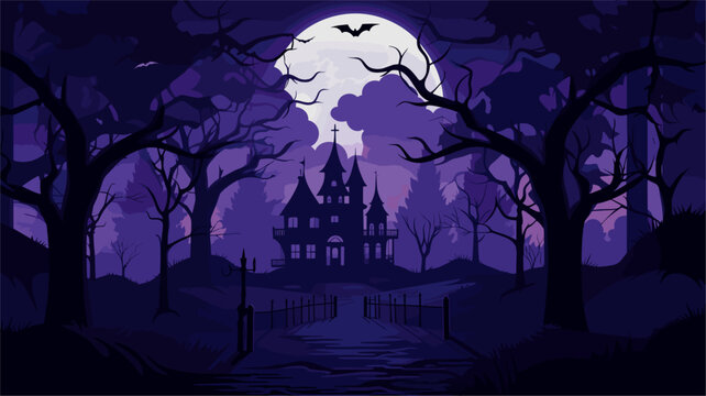 Haunted mansion vector background with a moonlit sky  silhouetted trees  and mysterious shadows  creating a spooky and atmospheric setting. simple minimalist illustration creative