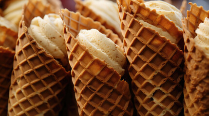 Close-up of crispy waffle cones with a delicate filling
