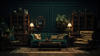 vintage furniture in a dark green home interior.