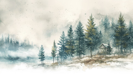 Naklejka premium Watercolor Painting of Cabin in Woods