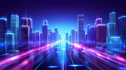 city nightlife electronic high-rise building construction wires on the ground blue neon modern technology concept, science, future technology digital high-tech city design