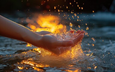  Closeup of woman's hand holding fresh water splashing in the lake