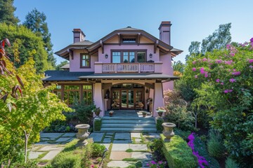 Eagle view of a craftsman house in a pale lavender, with a backyard that includes a romantic Juliet balcony and a star-gazing deck.