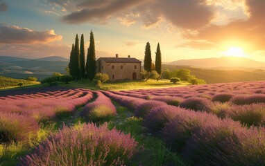 Idyllic landscape painting of a rustic countryside home amidst lavender fields - obrazy, fototapety, plakaty