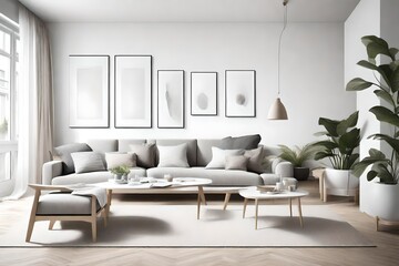 Step into a serene living space, characterized by clean aesthetics and a touch of Nordic charm, offering an empty wall mockup with a sleek white frame.