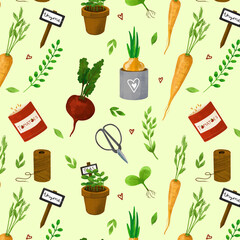 Seamless pattern. Garden set. Watering can, garden, tools, flowers, doodle, creativity, hobby. Cute spting patter. Drawing for clothes and papers. - 730888283