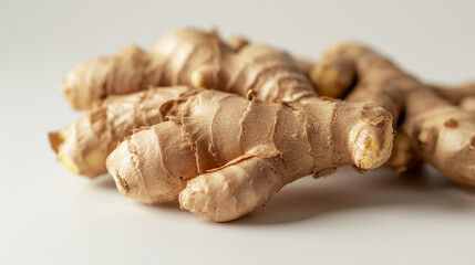 "Freshly Harvested Ginger Roots on White Background with Room for Copy Space Text"