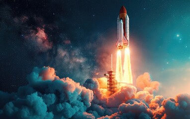 Space exploration concept with rocket launch into starry sky - obrazy, fototapety, plakaty