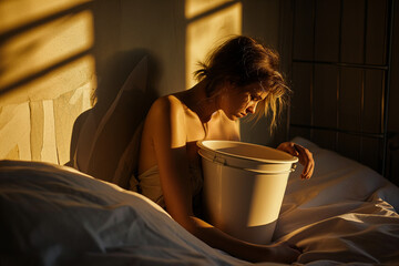 Sick woman lying in bed with a bucket, morning light. - obrazy, fototapety, plakaty