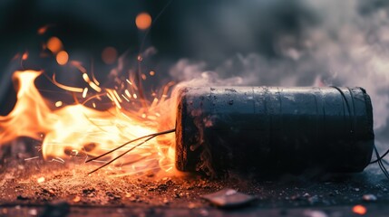 close-up shot of dynamite with a burning fuse - obrazy, fototapety, plakaty