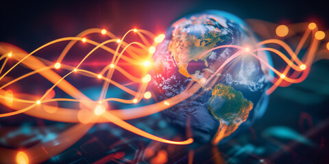 Digital world globe centered on America, concept of global network and connectivity on Earth, high speed data transfer and cyber technology, information exchange and international telecommunication - obrazy, fototapety, plakaty