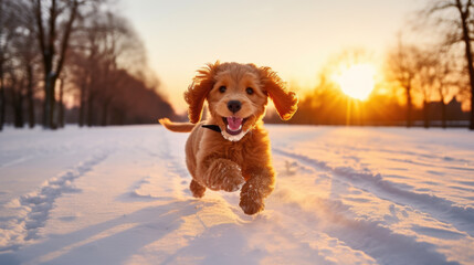 Dog Running in Snow at Sunset