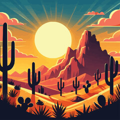 Vector desert sunset silhouette landscape arizona or mexico western cartoon background with wild cactus canyon mountain