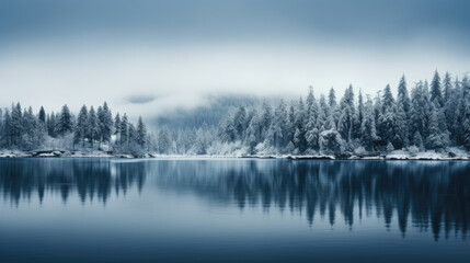 Snow-covered Trees Surrounding Serene Body of Water