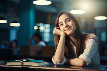 Student woman dreaming about future in university library