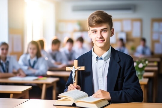 Young Christian student studying Bible in private Catholic school