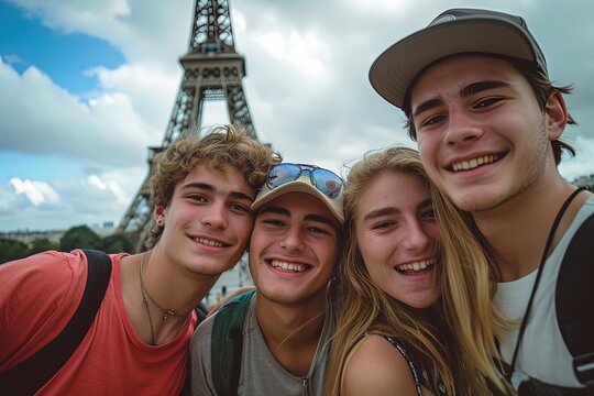 Group of smiling young friends traveling in front of Eifel Tower, Paris, in summer.