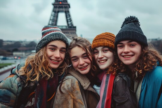 Group of smiling young friends traveling in front of Eifel Tower, Paris, in winter.