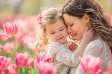 Glückliche, lächelnde Mutter mit ihrer Tochter vor hellem Hintergrund