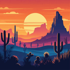 Vector desert sunset silhouette landscape arizona or mexico western cartoon background with wild cactus canyon mountain - obrazy, fototapety, plakaty