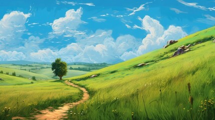 Fototapeta na wymiar hilly grassy landscape with beautiful blue sky 