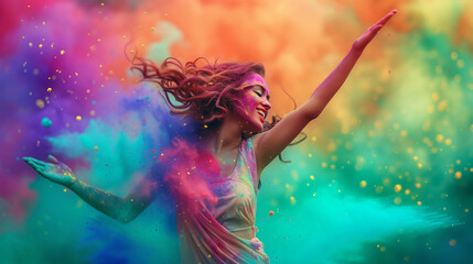 A beautiful girl with long hair dances at the Holi festival, covered in colorful powder. - obrazy, fototapety, plakaty