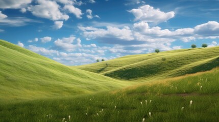 hilly grassy landscape with beautiful blue sky 