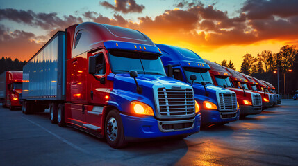 Semi trucks in a row under a twilight sky, showcasing the bustling activity of shipping and...