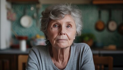 Indoor head shot portrait of a positive old woman - obrazy, fototapety, plakaty