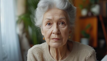 Indoor head shot portrait of a positive old woman
