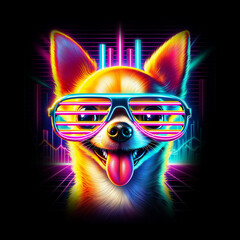 colorful chihuahua wearing shuttershades - synthwave background