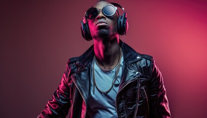 one man guy jacket background portrait fashion dj american music headphones - obrazy, fototapety, plakaty