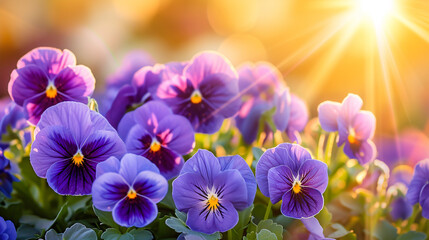 Beautiful violet pansy bloom in the botanical garden in the golden rays of the sun.