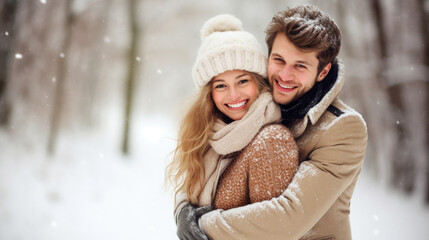 Fototapeta premium Man and Woman Hugging in Snow