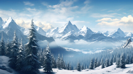 Obraz premium Snowy Mountain Landscape with Pine Trees