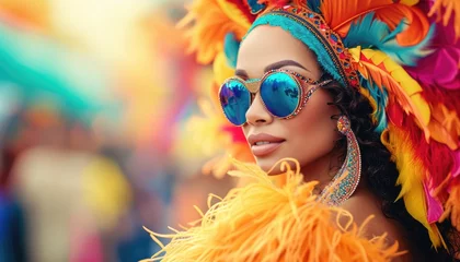 Fotobehang beautiful hipster woman in a colorful headdress and sunglasses at carnival © Andrus Ciprian