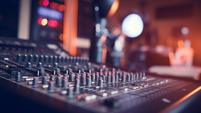 audio mixer in recording studio with blur background