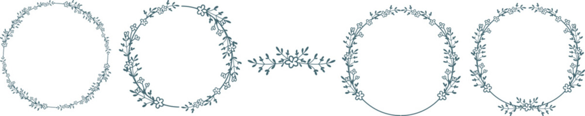 Round floral frame, floral crown, set, design element.