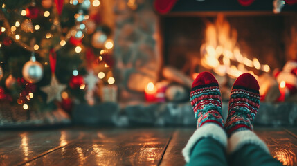 Feet in Socks by Fireplace