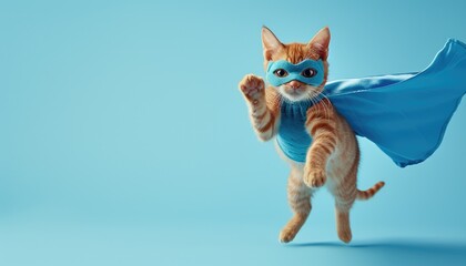 superhero cat with a blue cloak and mask jumping