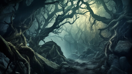 Horror fantasy mystical foggy forest, where ancient trees reach - obrazy, fototapety, plakaty