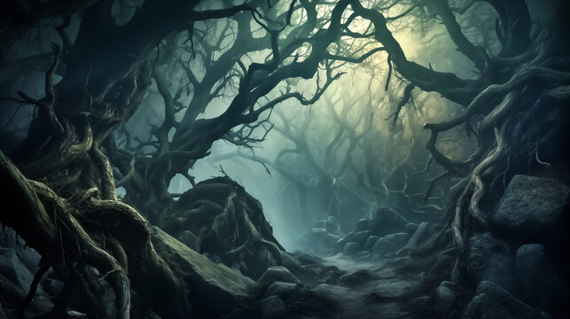 Horror fantasy mystical foggy forest, where ancient trees reach © pasakorn
