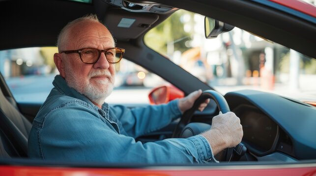 eco-friendly spirit of a 60-year-old man driving an electric car