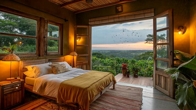 bedroom with open windows and beautiful nature view. Seamless looping 4k  time-lapse virtual video animation background 